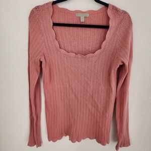 Rye Grass Pink Scalloped Lettuce Hem Square Neck Knit Valentines Pink Sweater M